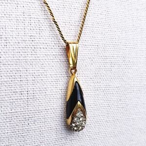 Vintage FO Fernando Originals Gold Tone Chain Black Enamel‎ Crystal Pendant 15"